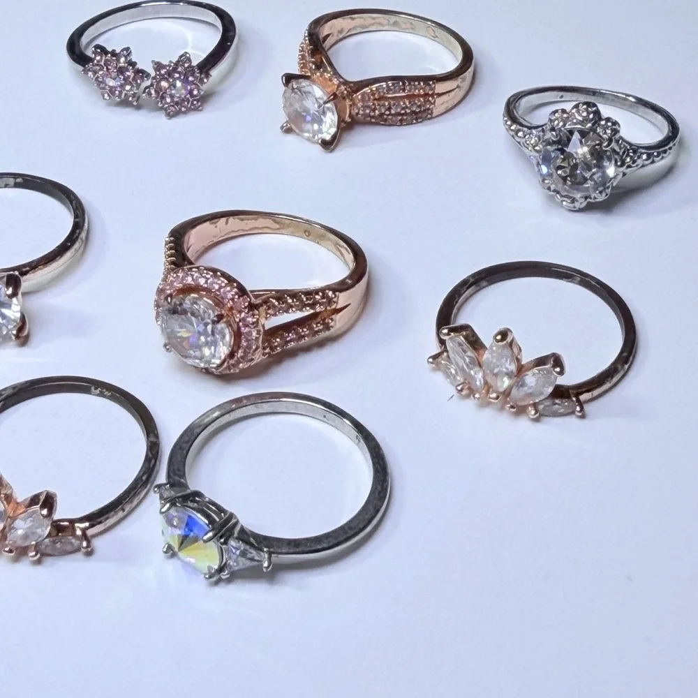 Fragrant Jewels Ring Lot 8pc Rose Gold Silver Tone CZ Halo Crown Floral Size 6